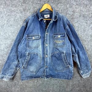 Vintage 90s Perry Ellis America Trucker Jacket Mens XL Blue Denim Button Front